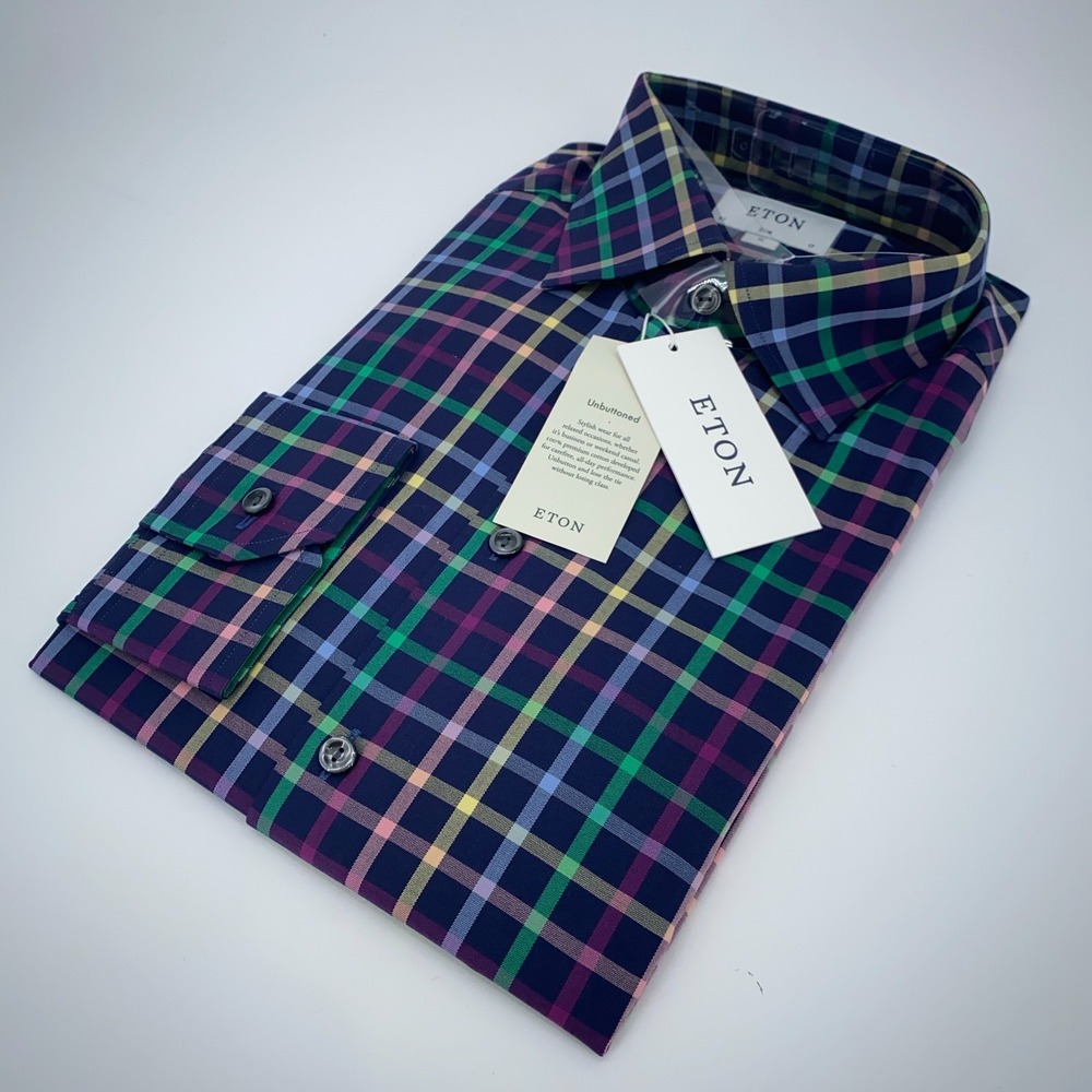 Eton Dress Shirt Men XL 17 - 43 Colorful Plaid Cambridge Slim Collared Button Up
